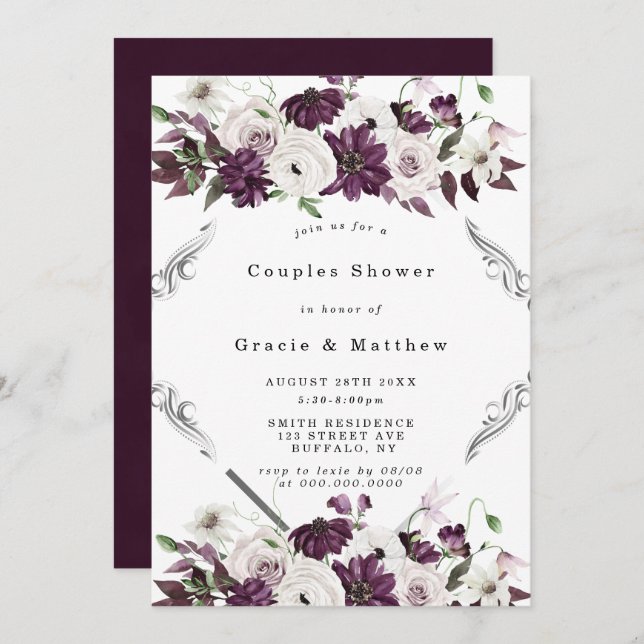 Plum et Argent Couples géométriques Invitations de (Devant / Derrière)