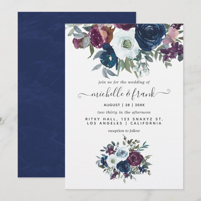 Plum et Faire-part de mariage floral marine (Devant / Derrière)