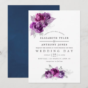 Plum et marine Aquarelle Faire-part de mariage flo