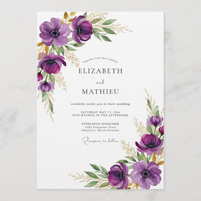 Plum Ethereal Flora Wedding Einladung (Vorderseite)