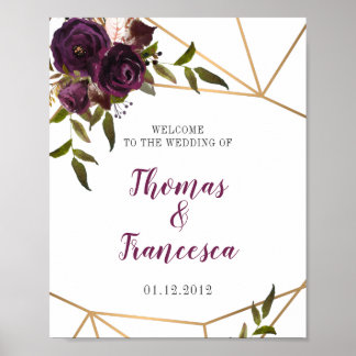 Plum Floral Faux Or Affiche de bienvenue géométriq