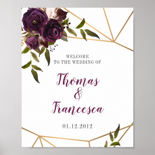 Plum Floral Faux Or Affiche de bienvenue géométriq (Devant)
