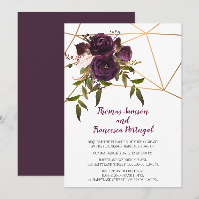 Plum Floral Faux Or Faire-part de mariage géométri (Devant / Derrière)