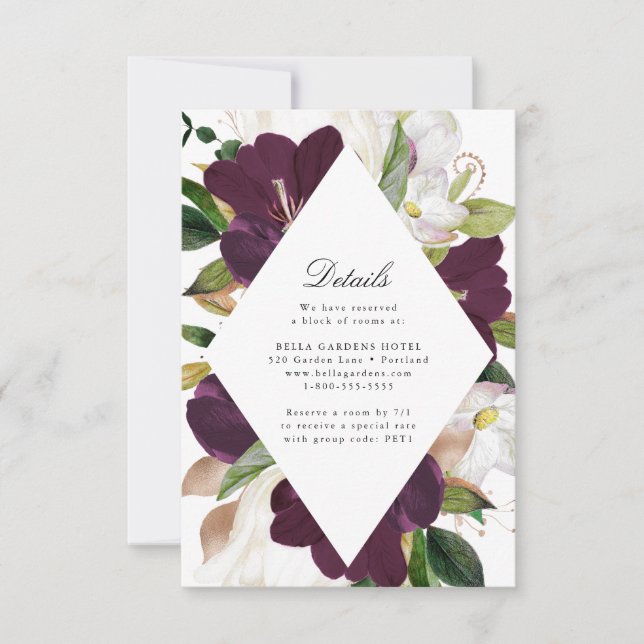 Plum floral foncé | Carte de détails Mariage (Devant)