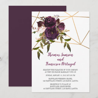 Plum floral Imitate Gold Geometric Wedding Einladu Einladung