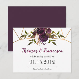 Plum Floral Imitats Goldene geometrische Save the  Einladung