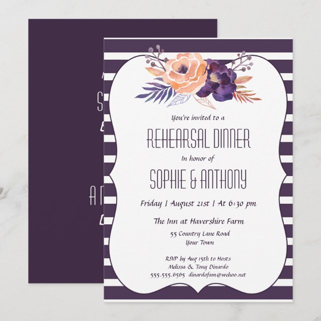 Plum Floral Mariage Dîner de répétition Invitation (Devant / Derrière)
