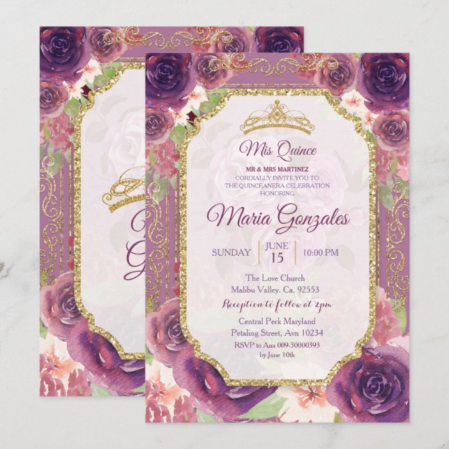 Plum floral Rose Mis XV Anos Einladung (Vorne/Hinten)
