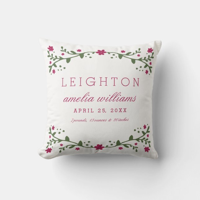 Plum Florals Baby Birth Information Pillow Kissen (Vorderseite)