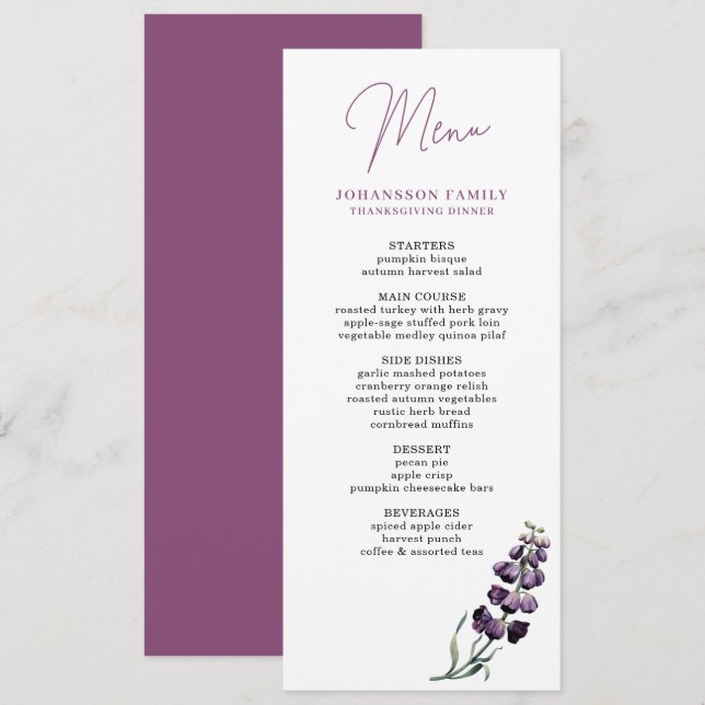 PLUM FOXGLOVE FLOWER GRÂCE AU MENU DÎNER (Devant / Derrière)