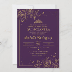 Plum Gold Floral Quinceañera Einladung