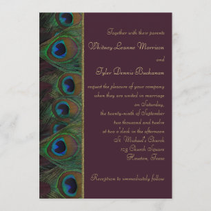 Plum, Gold Peacock Feathers Wedding Einladung