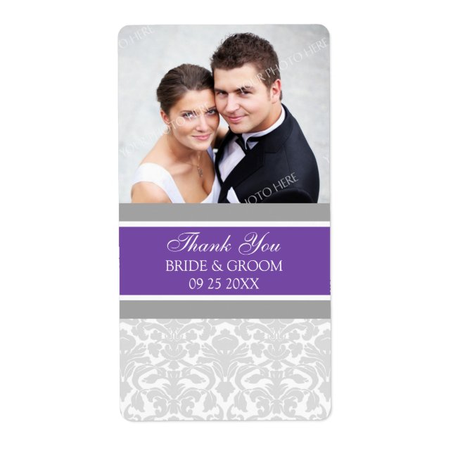 Plum Gray Damask Foto Hochzeitstempel (Vorne)