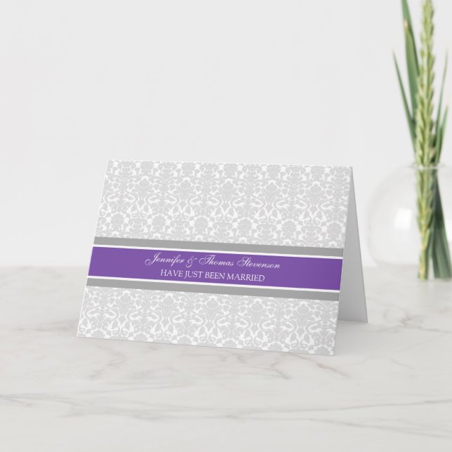 Plum Grey Damask Just Married Announccard Ankündigung (Vorderseite)