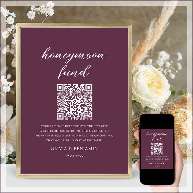 Plum Honeymoon Fund QR Code Wedding Sign Poster (Von Creator hochgeladen)