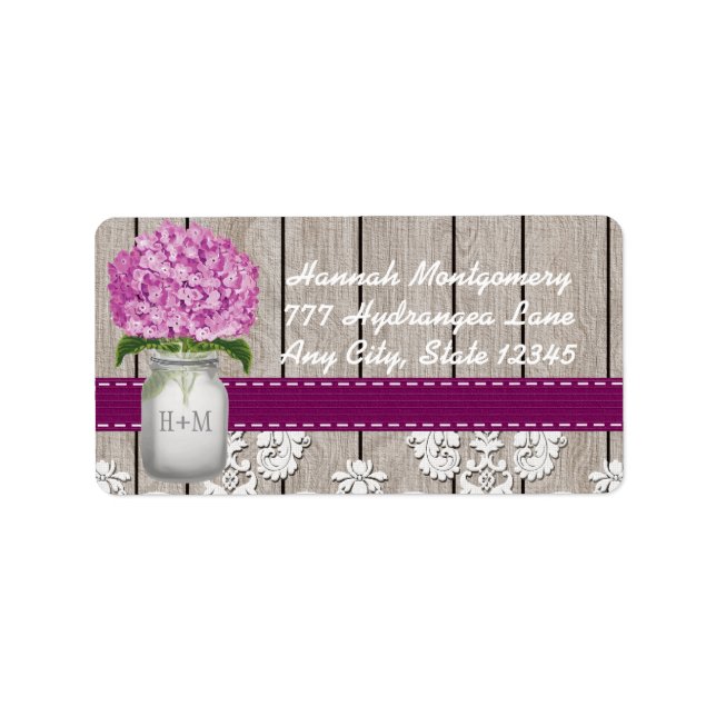 Plum Hydrangea Mit Monogramm Mason Jar Adressaufkleber (Vorne)