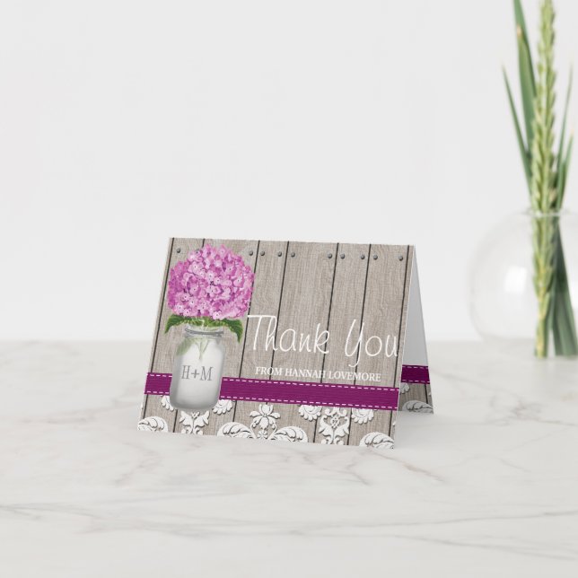 Plum Hydrangea Mit Monogramm Mason Jar DANK Dankeskarte (Vorderseite)