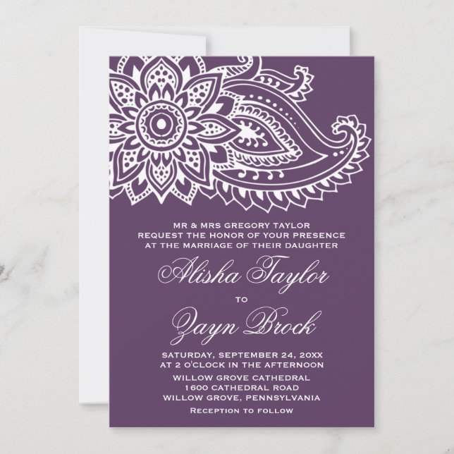Plum Indian Paisley Formal Wedding Einladung (Vorderseite)