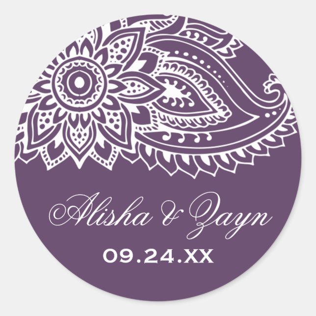 Plum Indian Paisley Wedding Umschlag Aufklebers Runder Aufkleber (Vorderseite)