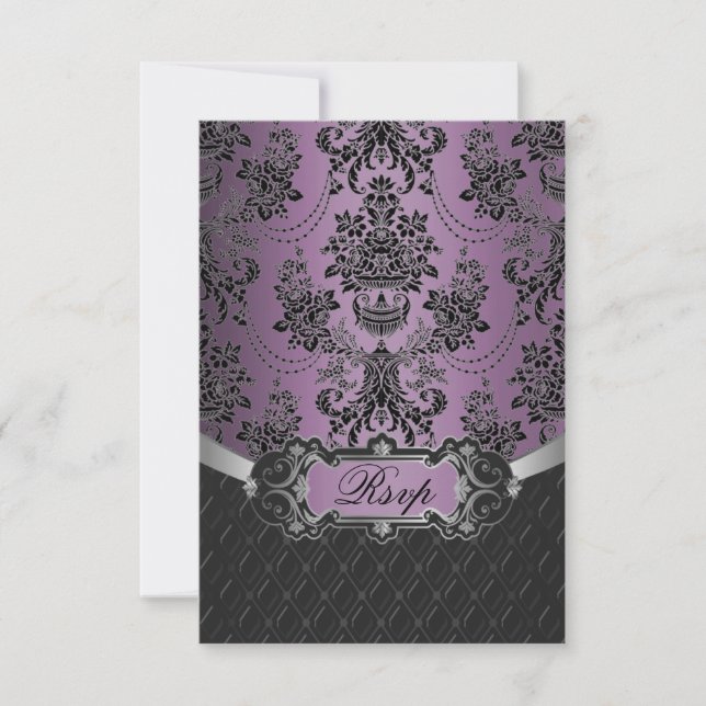 Plum Lapis Lila Black Damask RSVP Cards Karte (Vorderseite)