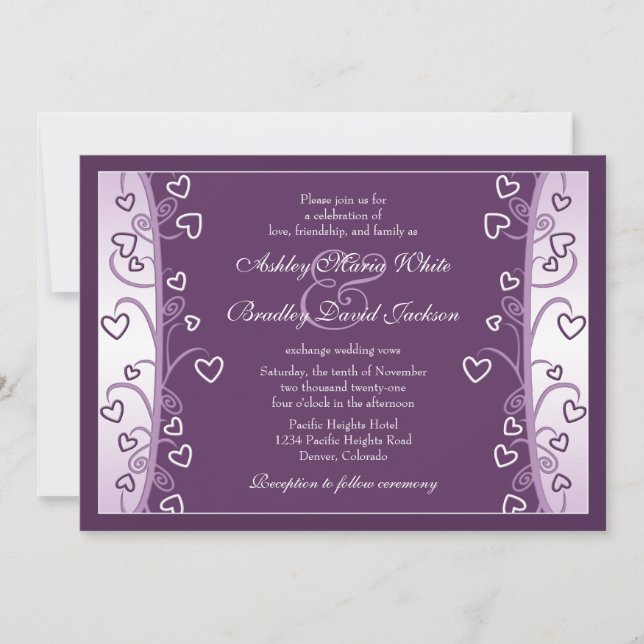 Plum Lavender Lila Hearts Wedding Einladung (Vorderseite)