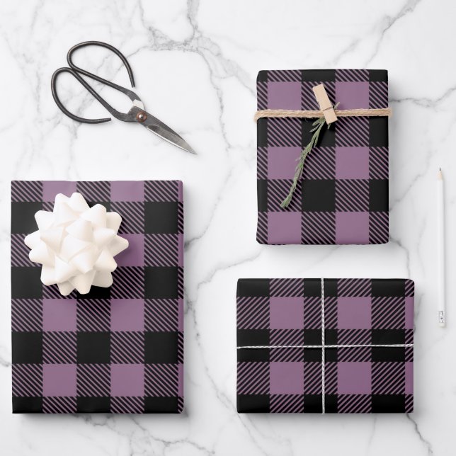 Plum Lila Black Buffalo Karo Kariertes Muster Geschenkpapier Set (Vorderseite)