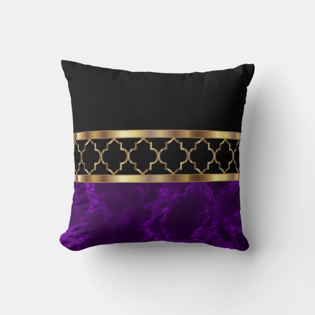 Plum Lila, Black & Gold Quatrefolie Kissen (Vorderseite)