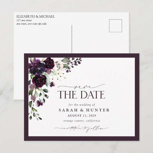 Plum Lila Blumenschrift Wedding Save the Date Einladungspostkarte (Vorne/Hinten)