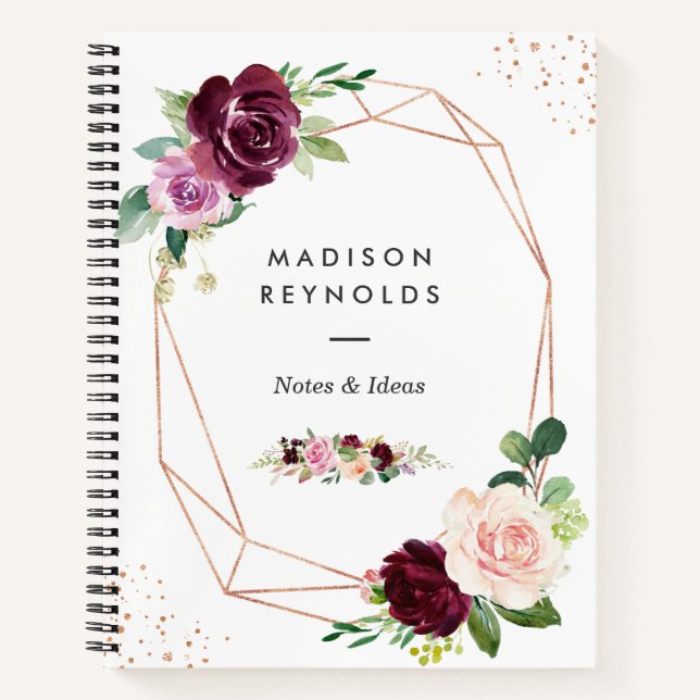 Plum Lila Blush Floral Moderne Rose Gold Notizbuch (Vorderseite)