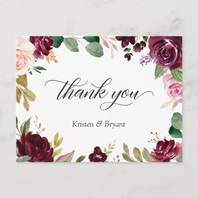 Plum Lila Blush Floral Wedding Vielen Dank Postkarte (Vorderseite)
