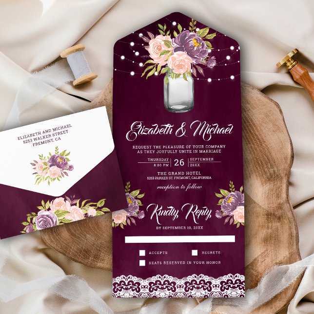 Plum Lila Blush Pink Blumenmason Jar Wedding All In One Einladung (Von Creator hochgeladen)