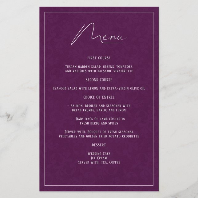 Plum Lila Damask Elegantes einfaches Hochzeitsmenü (Vorderseite)