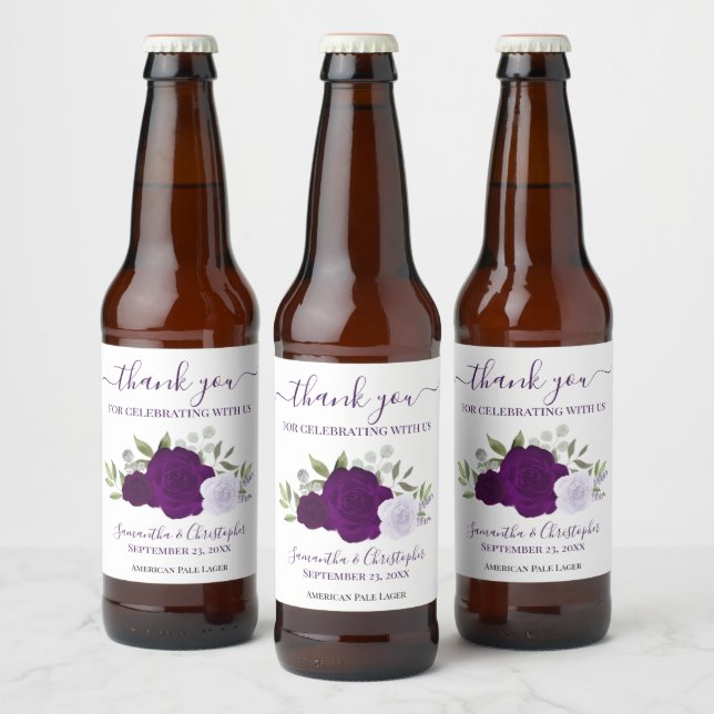 Plum Lila Elegant Boho Rose Hochzeit Vielen Dank Bierflaschenetikett (Flaschen)