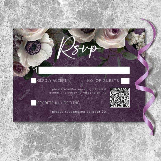 Plum Lila Elegant Floral Modern Wedding QR Code RSVP Karte (Plum Purple Elegant Floral Modern Wedding QR Code RSVP Card)