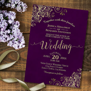 Plum Lila Elegant Lacy Gold Calligraphy Wedding Einladung