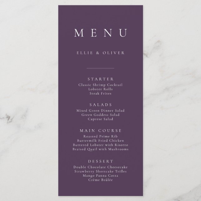 Plum Lila Elegant Minimalistisch Simple Flat I Men Menükarte (Vorderseite)