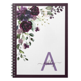 Plum Lila floral Script Name Monogram Initial Notizblock