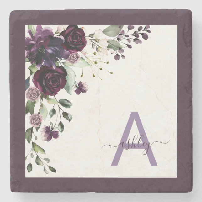 Plum Lila floral Script Name Monogram Initial Steinuntersetzer (Vorderseite)