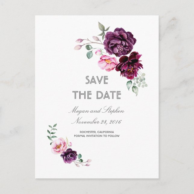 Plum Lila Floral Wasserfarben Save the Date Ankündigungspostkarte (Vorderseite)