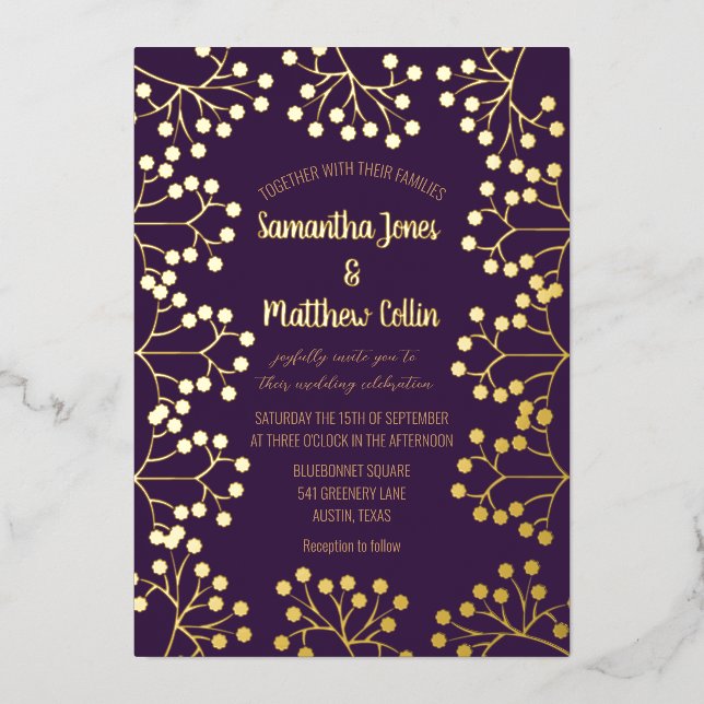 Plum Lila Gipskraut Blumengold Hochzeit Folieneinladung (Vorderseite)