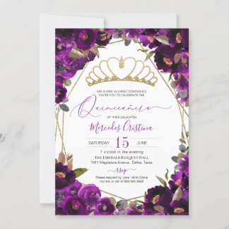 Plum Lila Gold Aquarell Floral Quinceñera Einladung