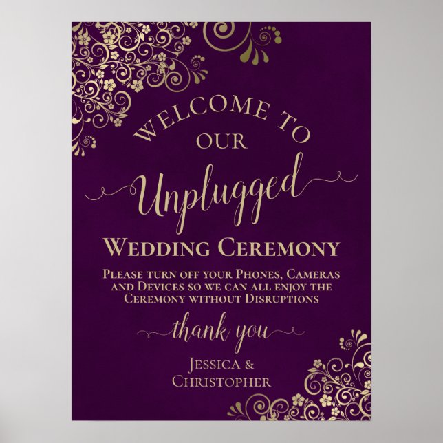 Plum Lila & Gold Chic Hochzeitsfeier ohne Stecker Poster (Vorne)