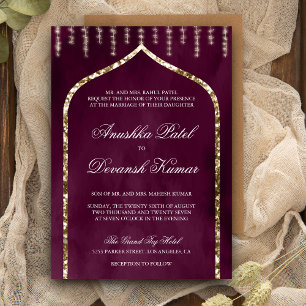 Plum Lila Gold Ethnic Indian Arch Wedding Einladung