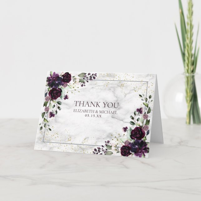 Plum Lila Gold Floral Foto Hochzeit Vielen Dank Karte (Vorderseite)
