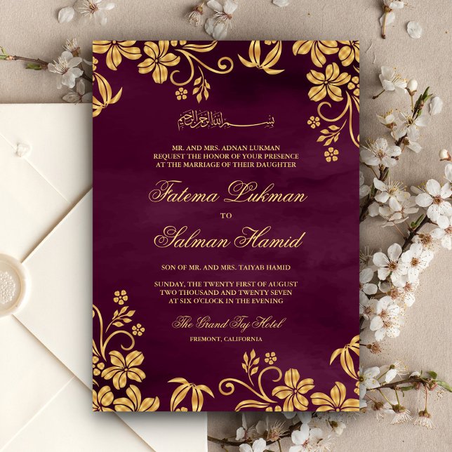 Plum Lila Gold Floral Islamische Hochzeit Einladung (Von Creator hochgeladen)