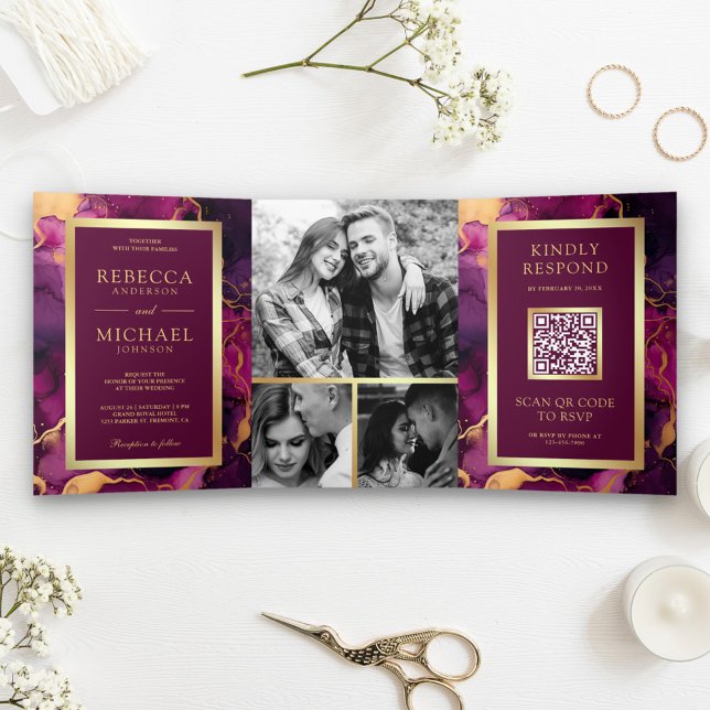 Plum Lila Gold Fluid Ink QR Code Wedding Dreifach Gefaltete Einladung (Von Creator hochgeladen)