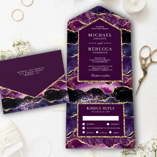 Plum Lila Gold Glitzer Agate Marble Wedding All In One Einladung