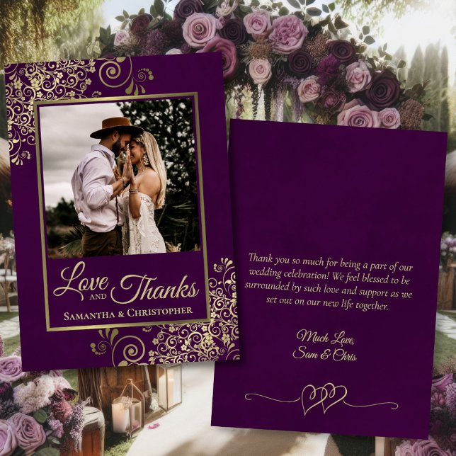 Plum Lila & Gold Liebe Dank Hinweis für Hochzeiten Dankeskarte (Front/Back)