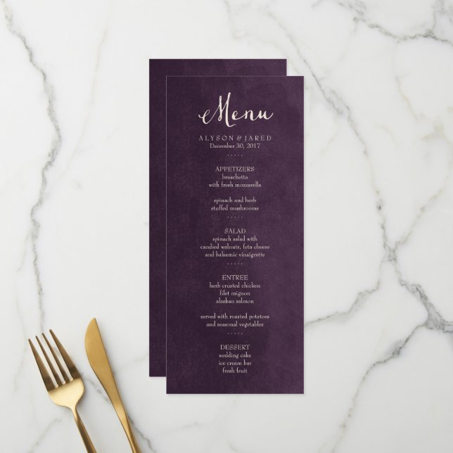 Plum Lila Hochzeitkarte Menükarte (Vorderseite/Rückseite Beispiel)