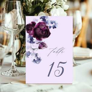 Plum Lila & Indigo Blue Elegante Blumenhochzeit Tischnummer